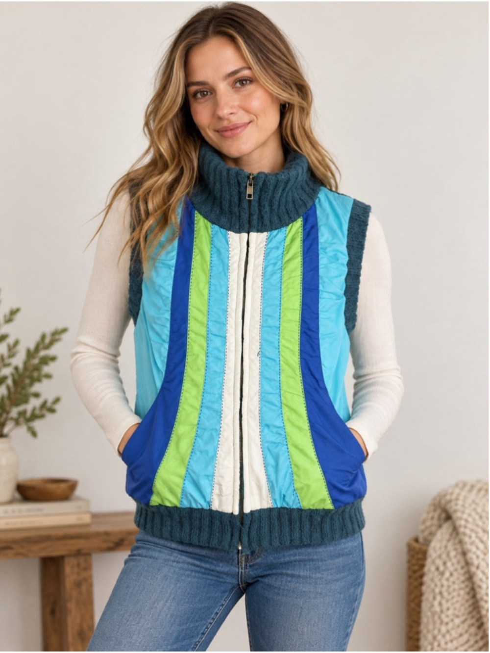 Free People Quilted Multi-Blue Striped Puffer Vest Size S Y2K Boho Fall